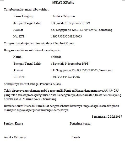 contoh surat kuasa pengambilan passport