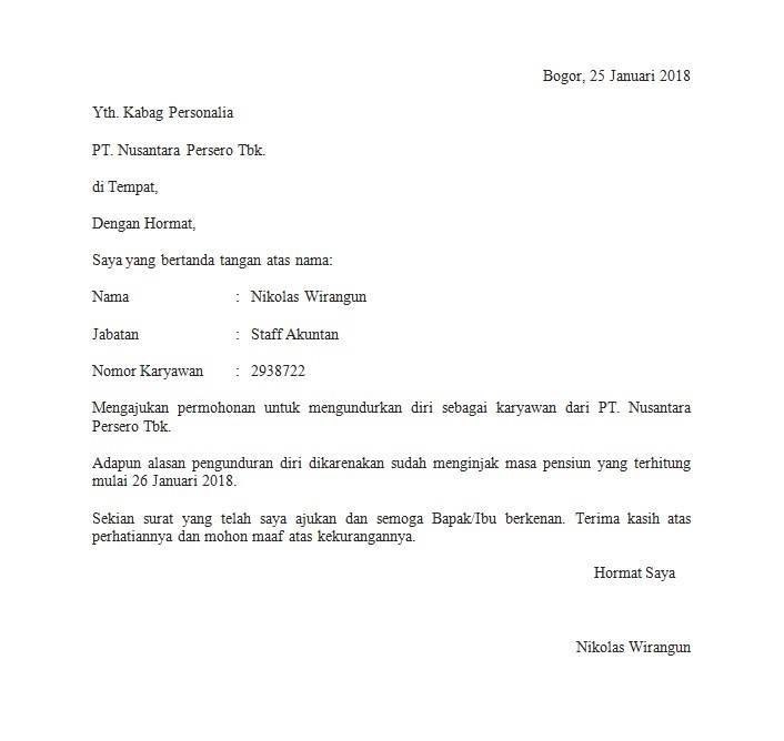 contoh surat pengunduran diri kerja dengan alasan