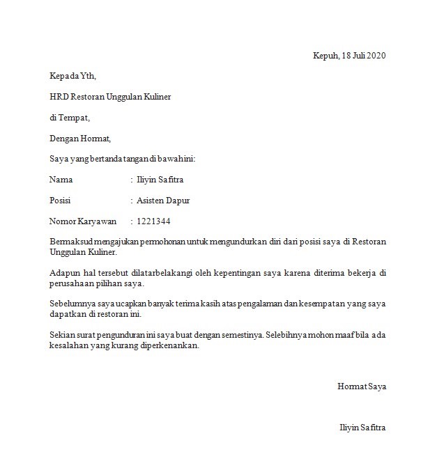 contoh surat pengunduran diri tidak perpanjang kontrak