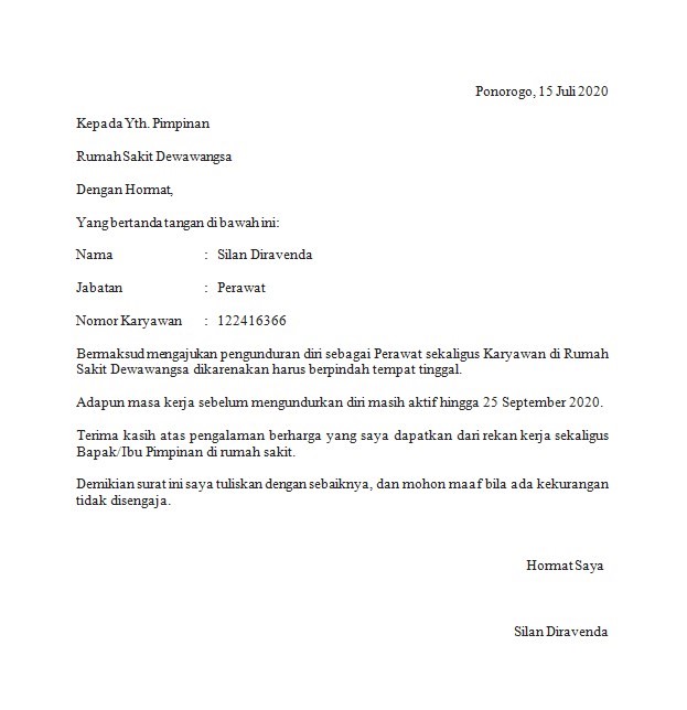 contoh surat pengunduran diri di perusahaan