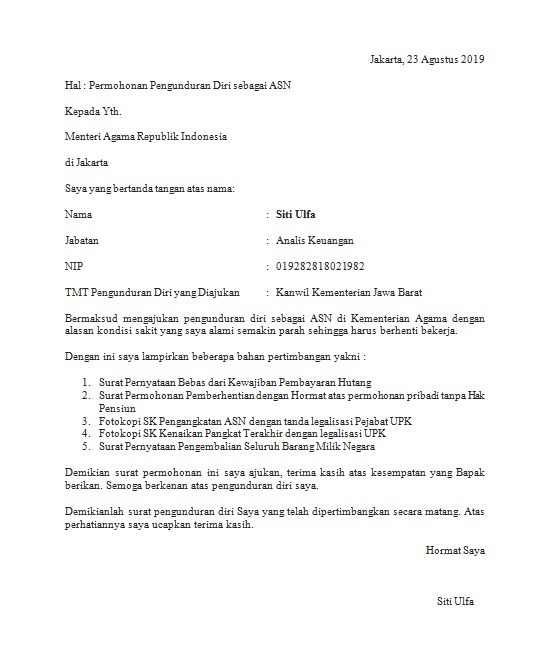 contoh surat pengunduran diri dari partai