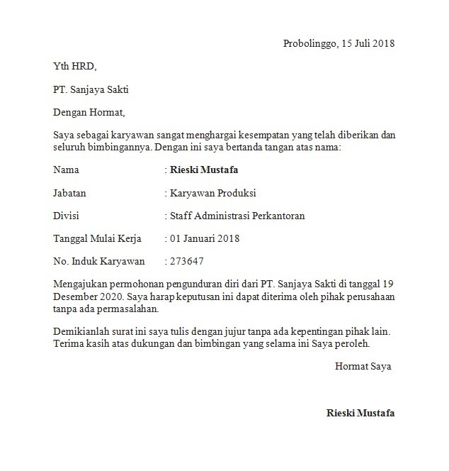 Contoh Surat Resign Kerja Restoran