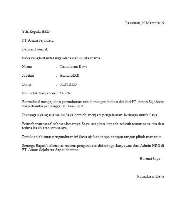 contoh surat pengunduran diri dari jabatan bendahara