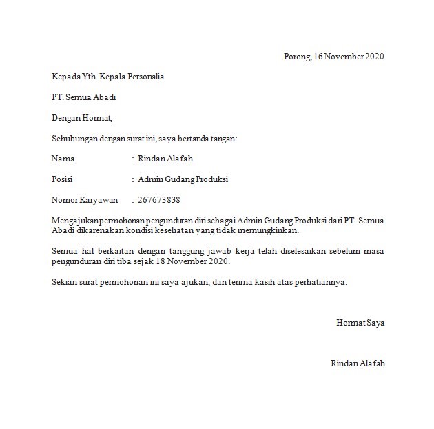 contoh surat pengunduran diri kerja pdf