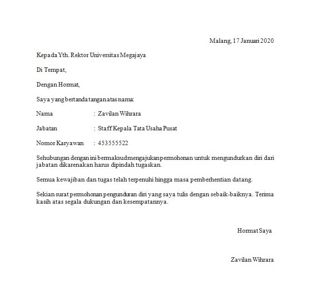 contoh surat pengunduran diri kerja di pt