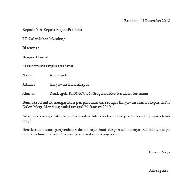 31 Contoh Surat Pengunduran Diri Kerja Perusahaan Pegawai