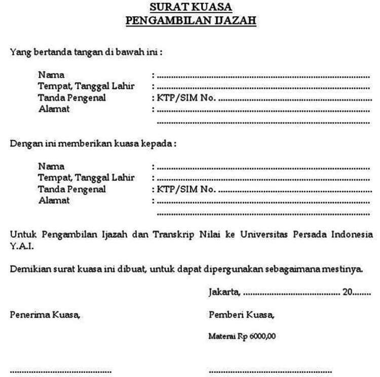 surat kuasa pengambilan ijazah