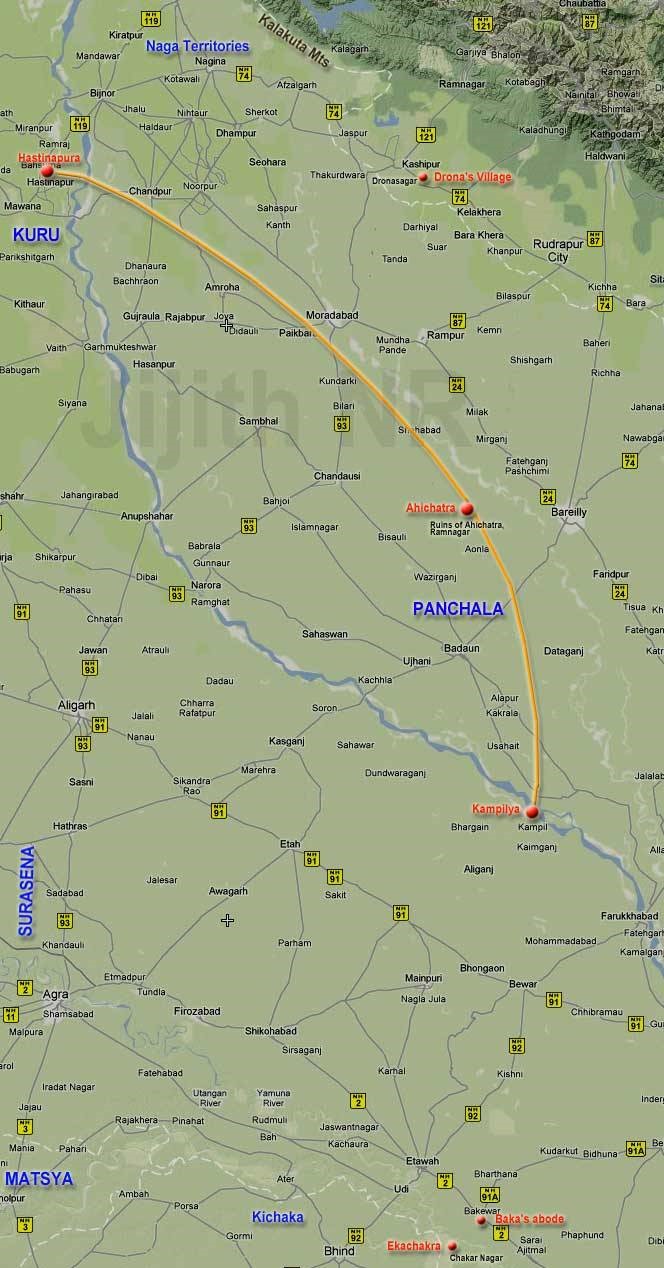 menunjukkan rute pancala dan kuru dalam kisah perang baratayuda